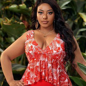 Plus Tropical Print Ruffle Hem Bikini Swimsuit